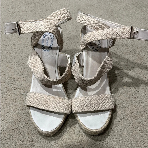 N.Y.L.A. Cream Wedge Sandals with Textured Straps - Picture 2 of 4